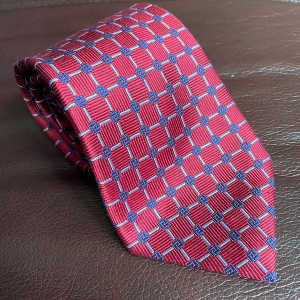 Nautica Mens 100% Silk Tie Red Blue Geometric Grid Pattern Classic Necktie